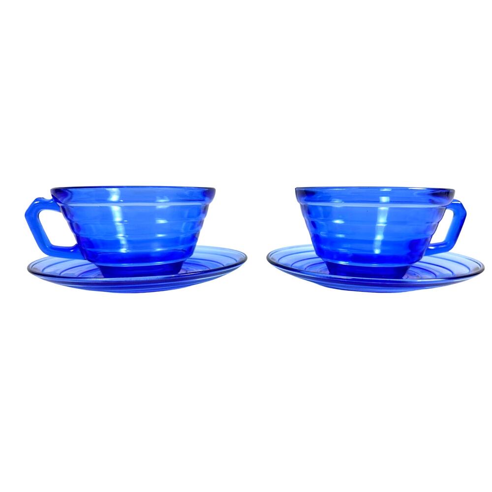 Hazel Atlas Moderntone Cobalt Blue Cups and Saucers-Set of 2